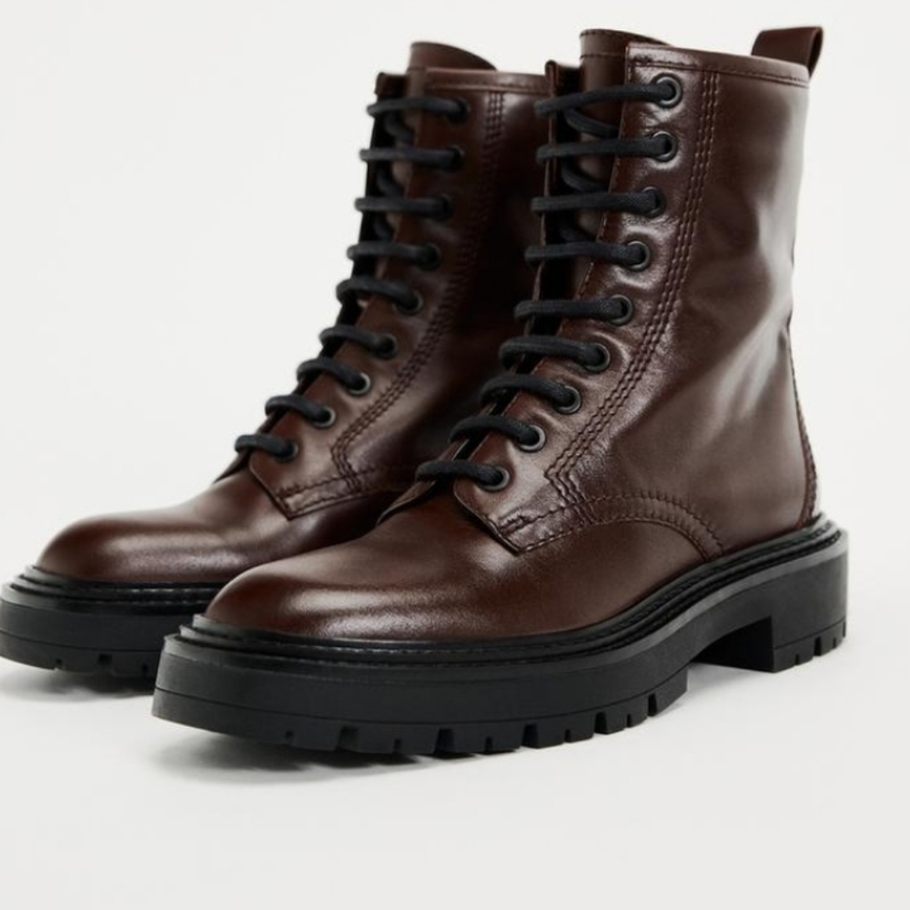 Zara Lace-Up Leather Ankle Boots Sz-10